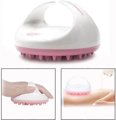 white handheld circle with pink massager heads being used on a person