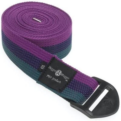 purple green and black striped yoga belt with black plastic buckle