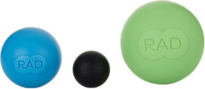 three rad roller massage balls; small black, medium blue, large green