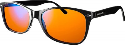 blue light blocking glasses with black frame and orange lenses
