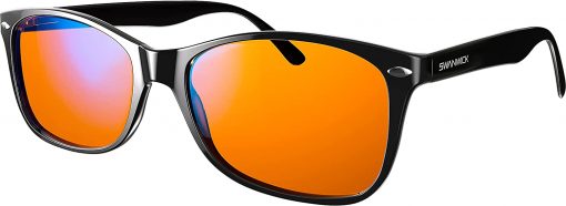 blue light blocking glasses with black frame and orange lenses